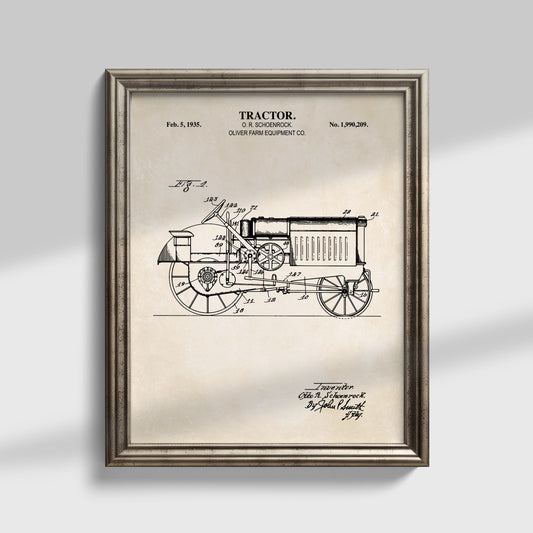 Framed vintage tractor patent print on a light gray background