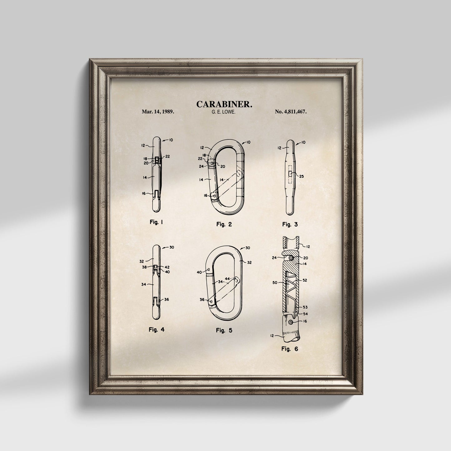 Framed patent poster of a carabiner design on a gray background