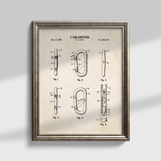 Framed patent poster of a carabiner design on a gray background