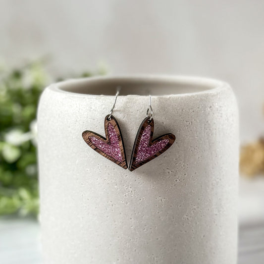 Pink Glitter Heart Dangle Earrings