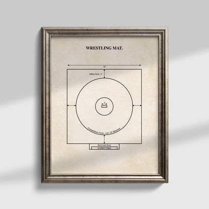 Framed diagram of a wrestling mat on a light gray background