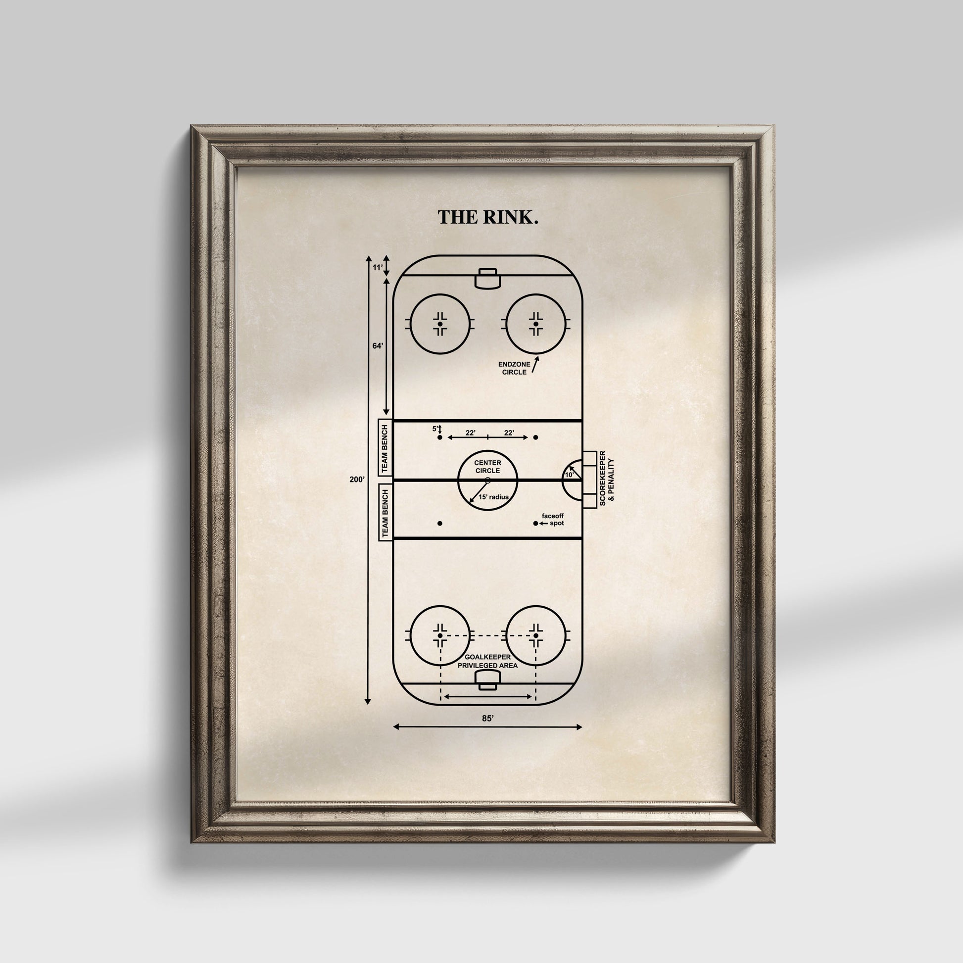 Framed diagram of a hockey rink on a light background