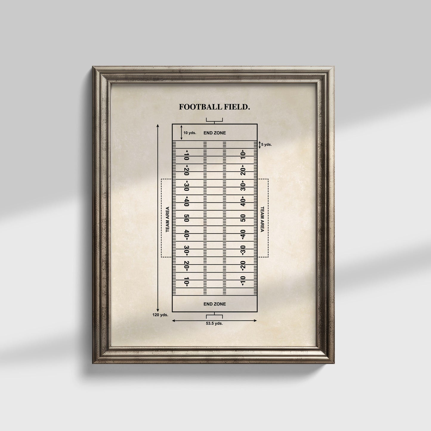 Framed diagram of a football field on a light gray background
