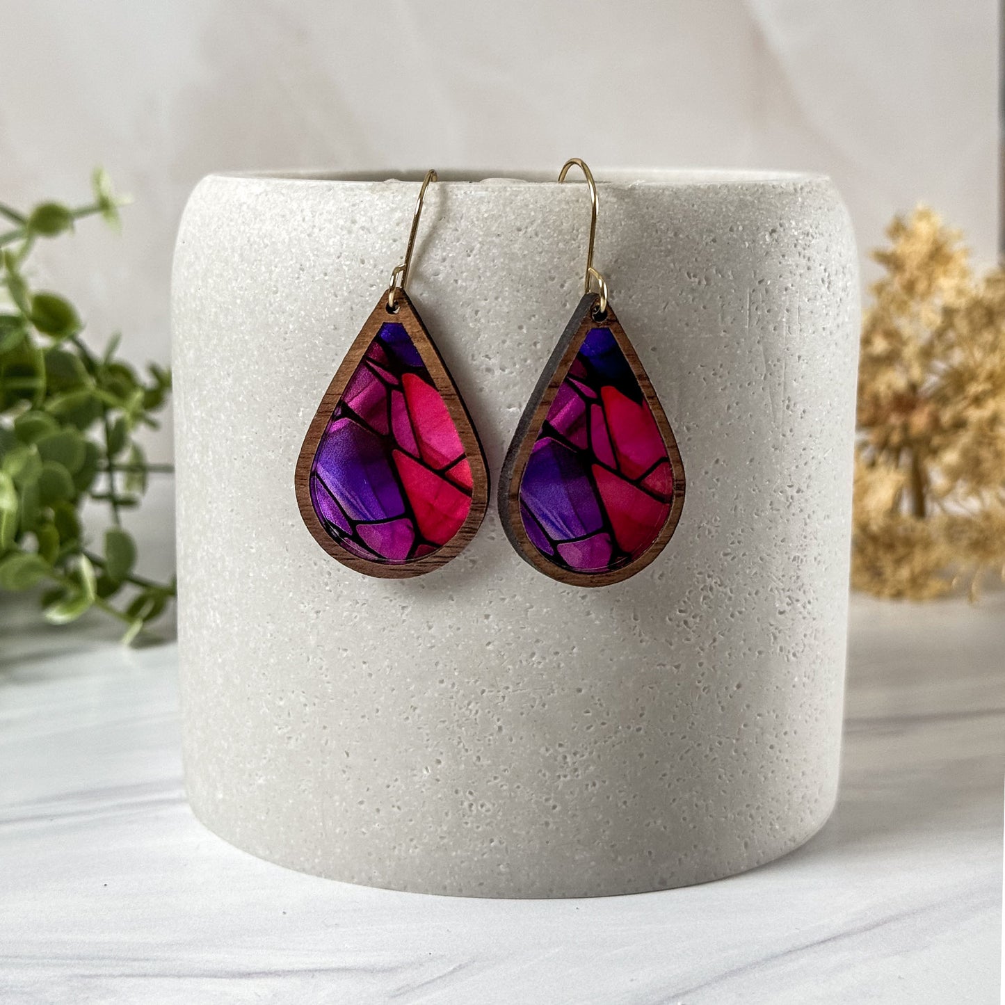 Pink & Purple Mosaic Faux Stained Glass Earrings
