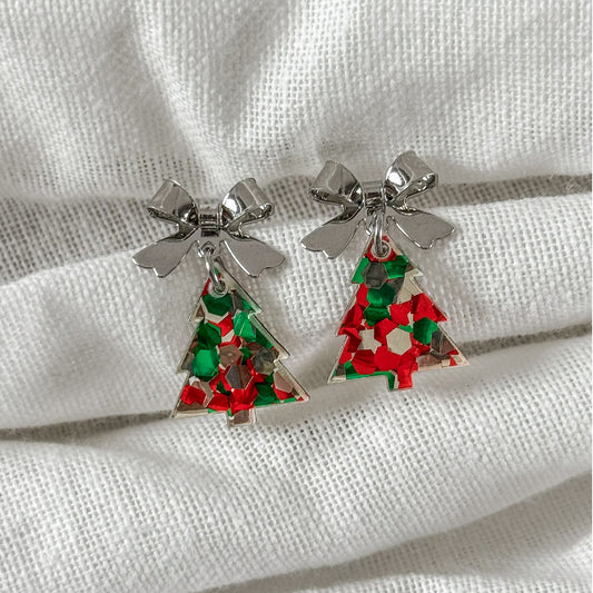 Christmas Tree with Bow - Petite Dangle Earrings