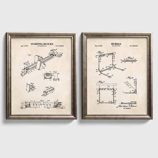 Track & Field Wall Art - Hurdle and Starting Blocks Patent Prints -  Set of 2 Physical Prints