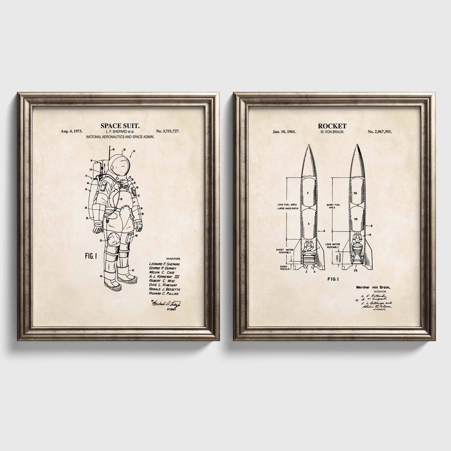 Space Patent Print Set - Rocket & Space Suit Wall Art - Ready to Frame Prints