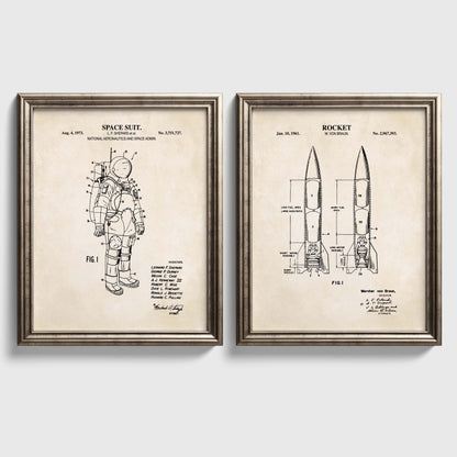 Space Patent Print Set - Rocket & Space Suit Wall Art - Ready to Frame Prints