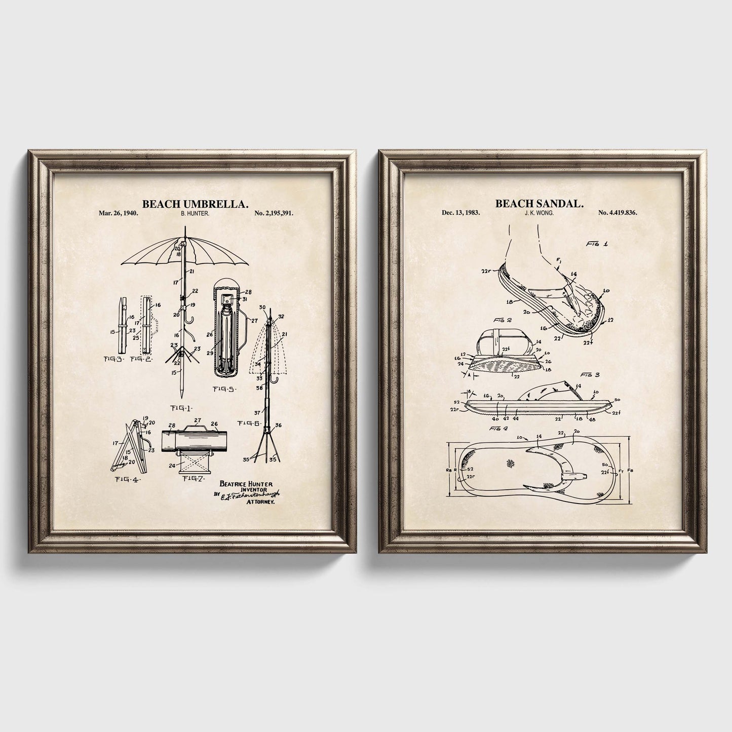 Beach Wall Art Set of 2 -  Flip Flop and Umbrella - Ready to Frame Prints