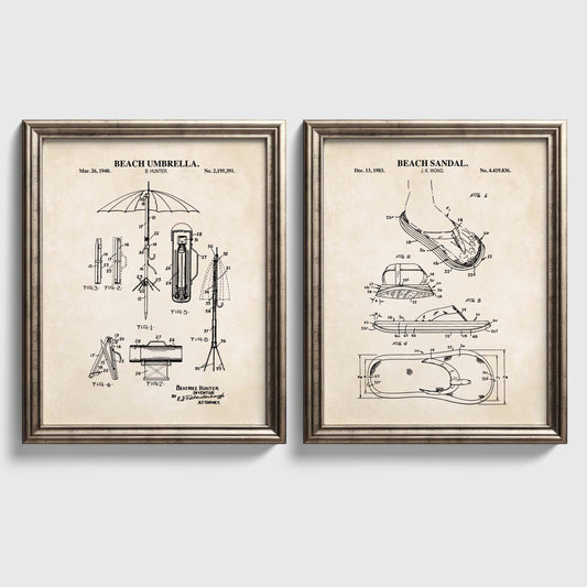 Beach Wall Art Set of 2 -  Flip Flop and Umbrella - Ready to Frame Prints