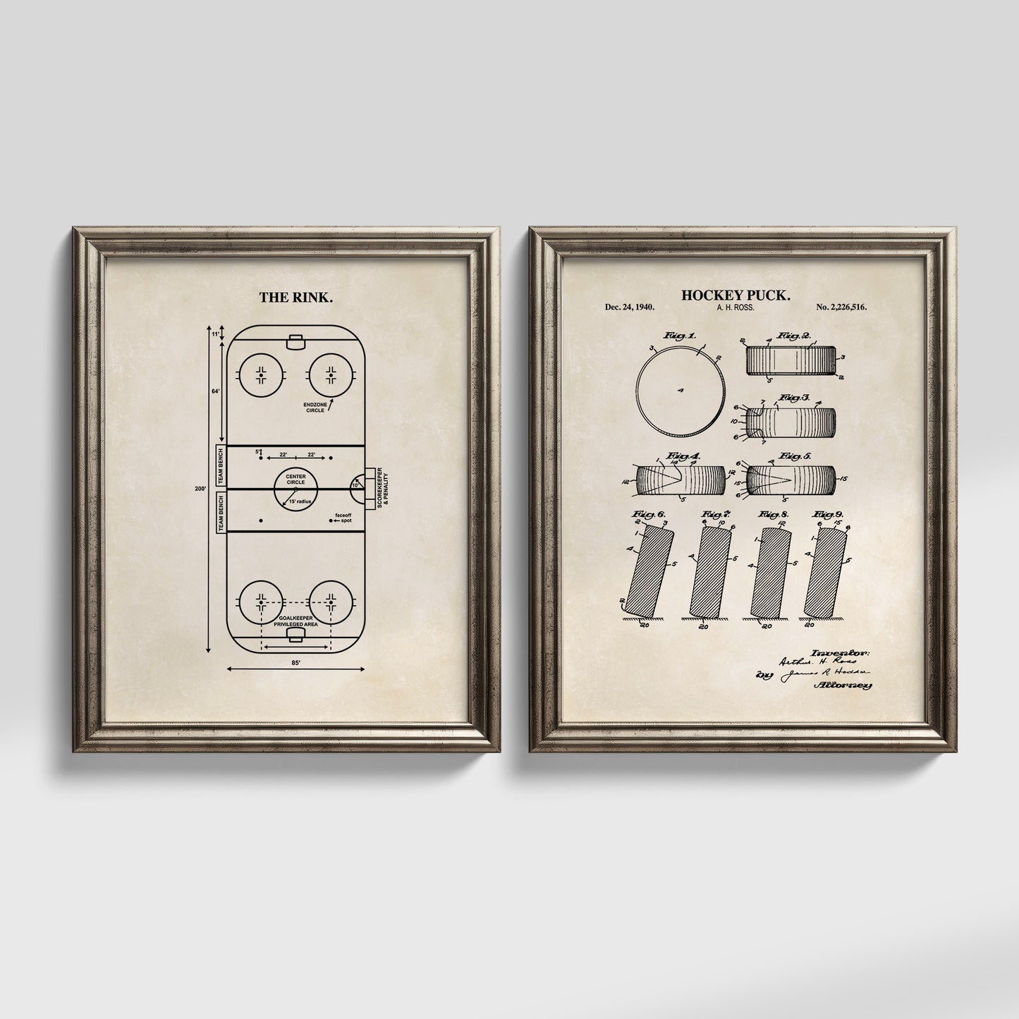 Hockey Wall Art Set - Puck Patent & Rink Diagram - Ready to Frame Prints