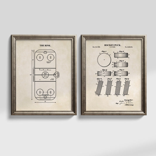 Hockey Wall Art Set - Puck Patent & Rink Diagram - Ready to Frame Prints