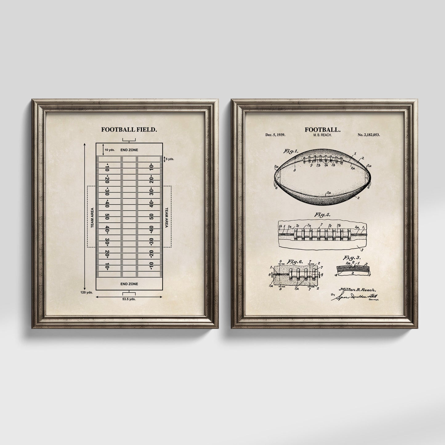 Football Wall Art Set - Football Patent & Field Diagram - Ready to Frame Prints