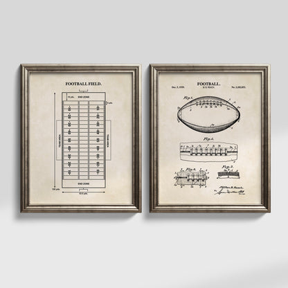 Football Wall Art Set - Football Patent & Field Diagram - Ready to Frame Prints