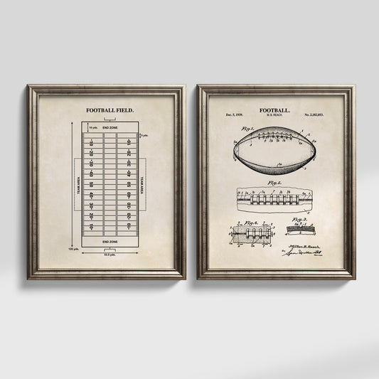Football Wall Art Set - Football Patent & Field Diagram - Ready to Frame Prints