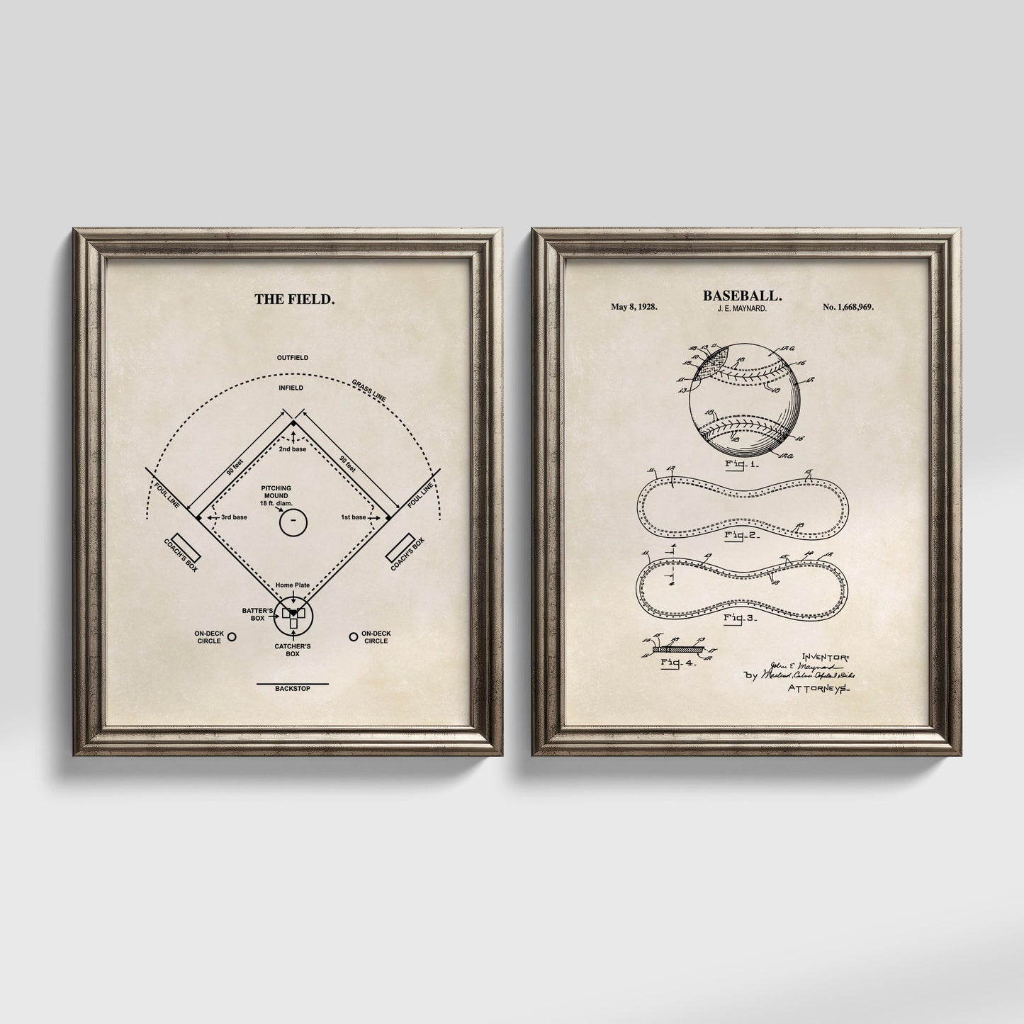 Two framed vintage baseball and field diagrams displayed side by side on a light gray wall. The left print shows 'The Field' with a black line drawing on an aged beige background, and the right print shows a baseball patent diagram also in beige with black text and lines.