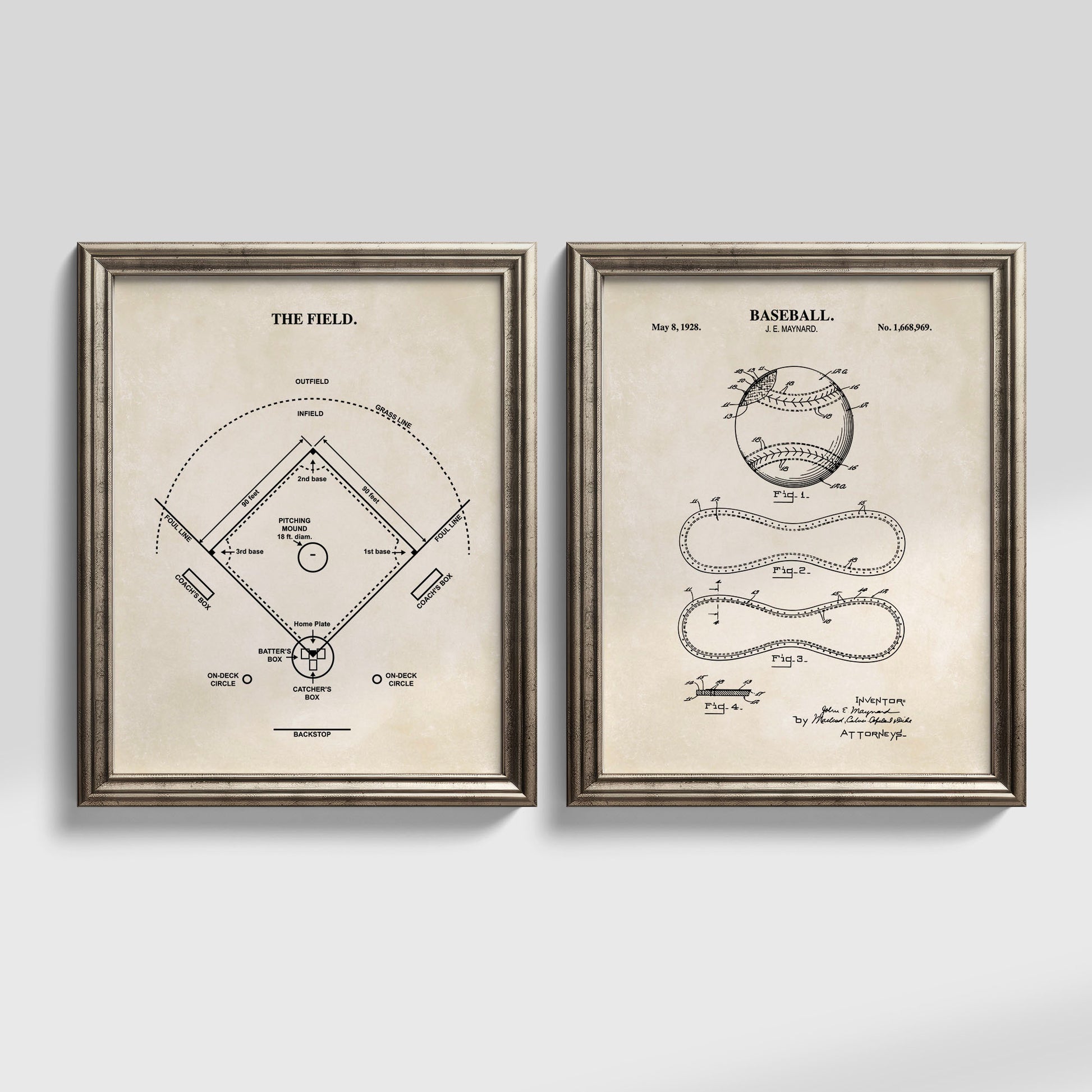 Two framed vintage baseball and field diagrams displayed side by side on a light gray wall. The left print shows 'The Field' with a black line drawing on an aged beige background, and the right print shows a baseball patent diagram also in beige with black text and lines.