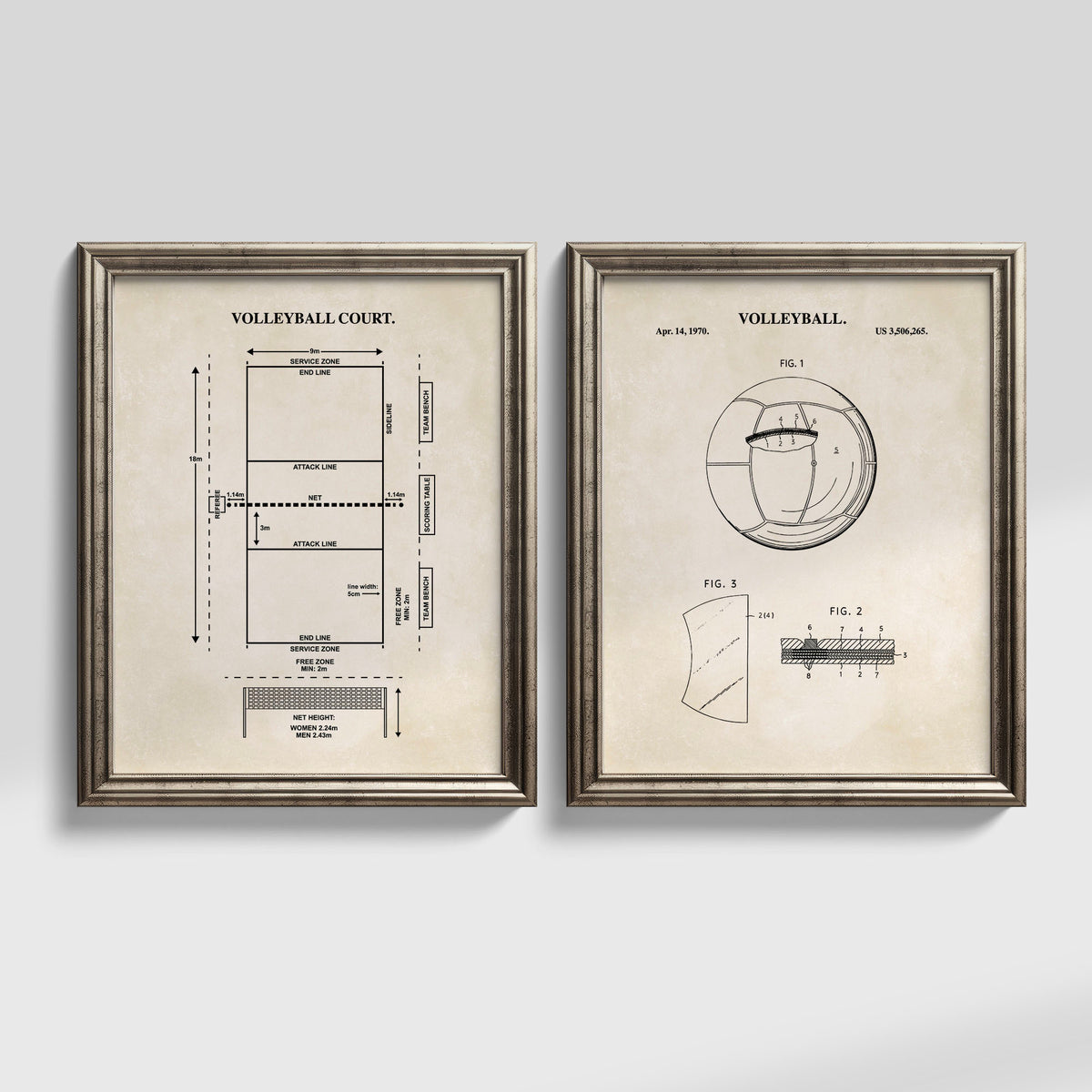 Volleyball wall art set featuring an indoor court diagram and ball patent illustration on vintage cream backgrounds, shown side by side in frames.