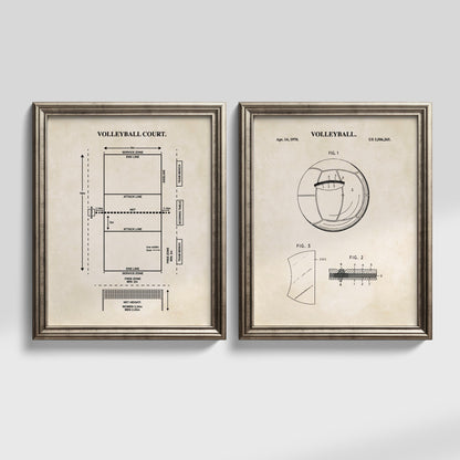 Volleyball wall art set featuring an indoor court diagram and ball patent illustration on vintage cream backgrounds, shown side by side in frames.