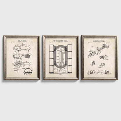 Three framed track and field patent prints on a white wall