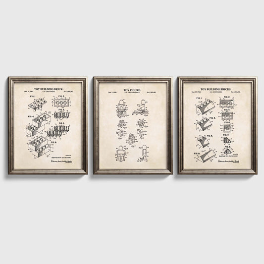 Toy Brick Patent Print Wall Art - Set of 3 Physical Prints