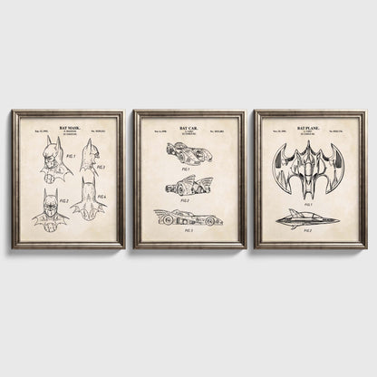 Bat Superhero Patent Print Wall Art - Set of 3 Physical Prints