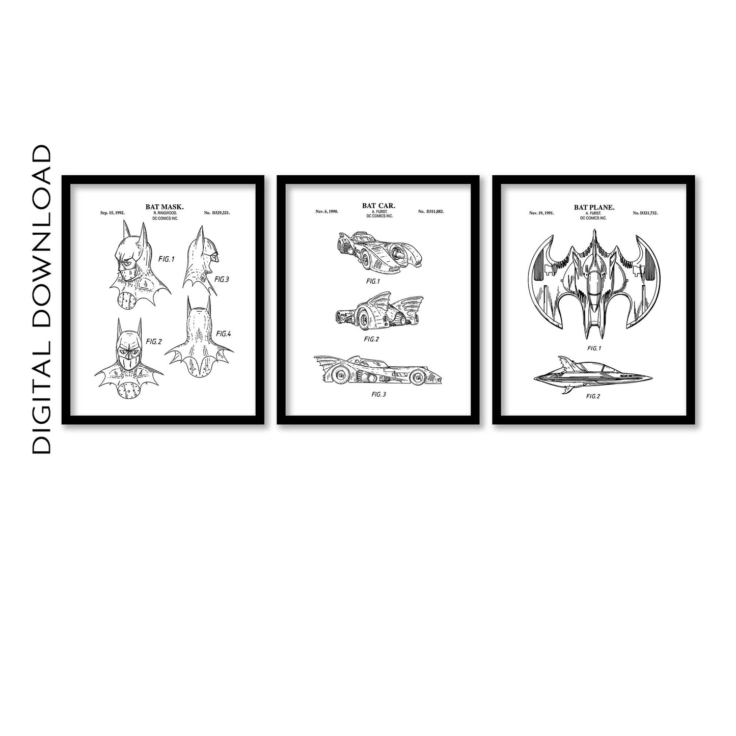 Bat Superhero Patent Print Wall Art - Set of 3 - PRINTABLE DIGITAL DOWNLOAD