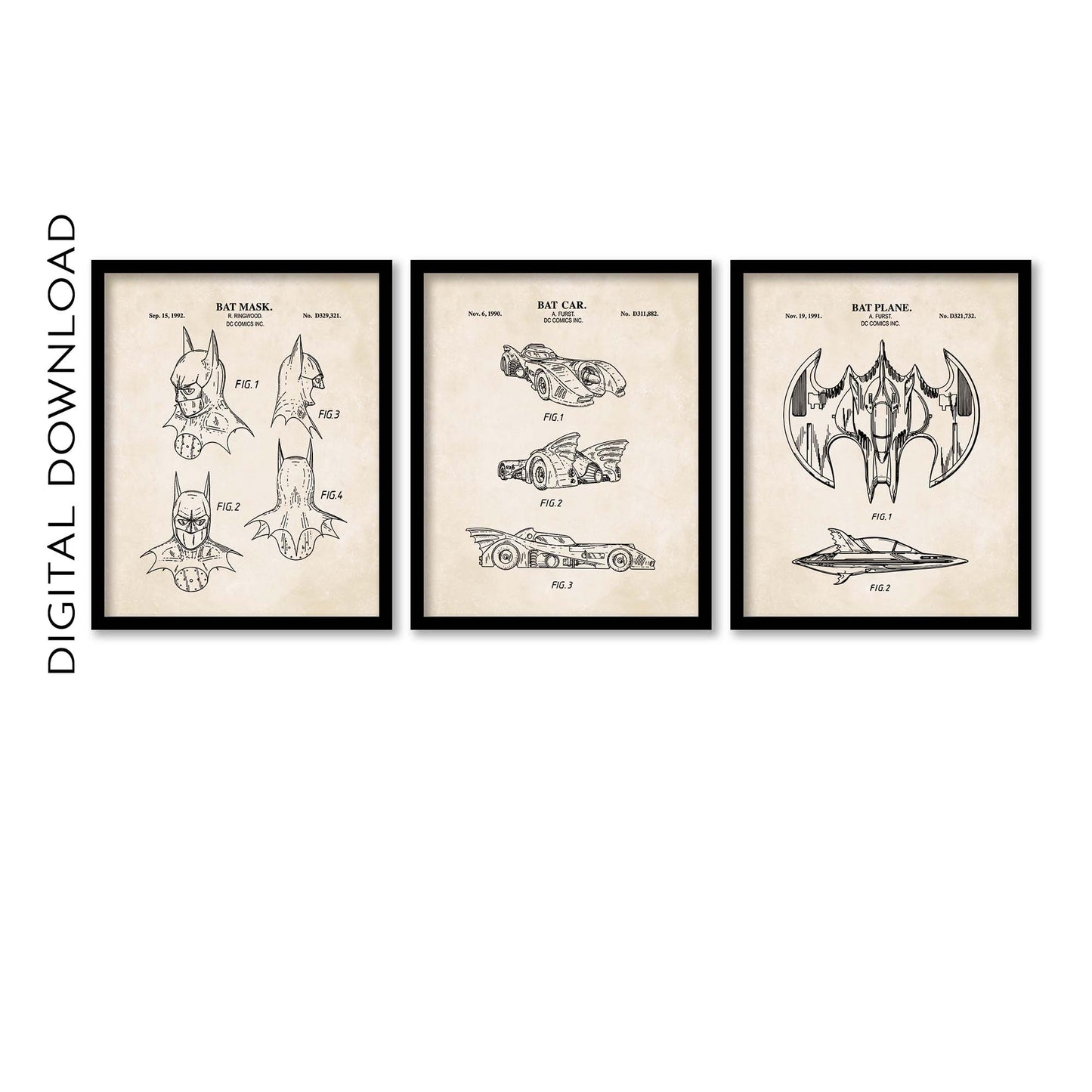 Bat Superhero Patent Print Wall Art - Set of 3 - PRINTABLE DIGITAL DOWNLOAD