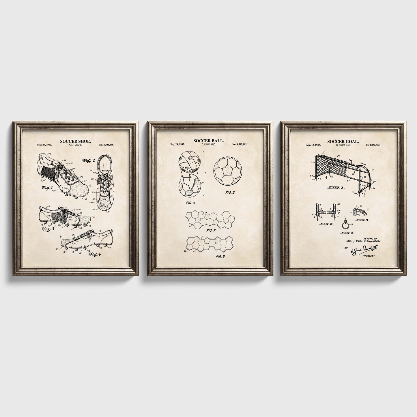 Soccer Patent Wall Art Set - Goal, Shoe, Ball - Ready to Frame Prints