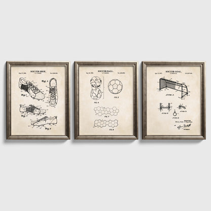 Soccer Patent Wall Art Set - Goal, Shoe, Ball - Ready to Frame Prints