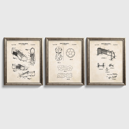 Soccer Patent Wall Art Set - Goal, Shoe, Ball - Ready to Frame Prints