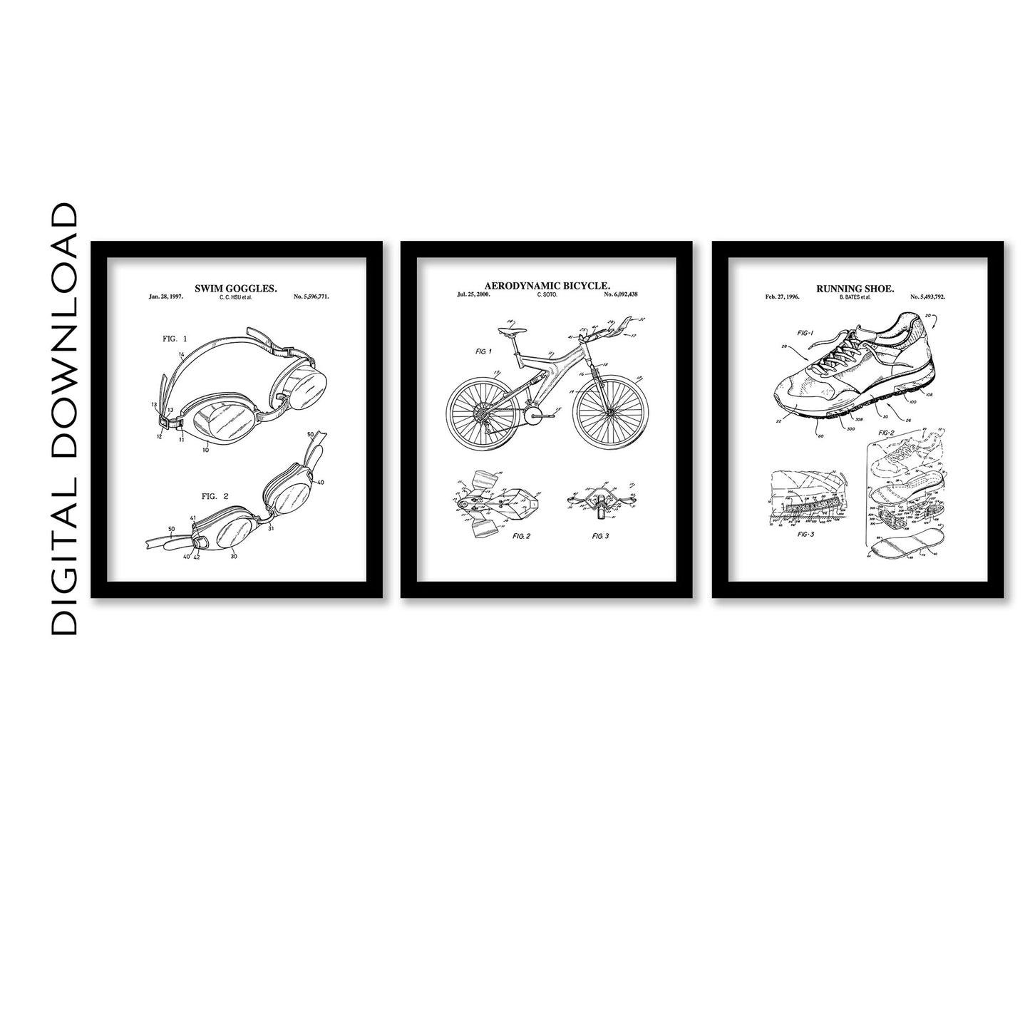 Triathlon Patent Print Wall Art Set - DIGITAL DOWNLOAD