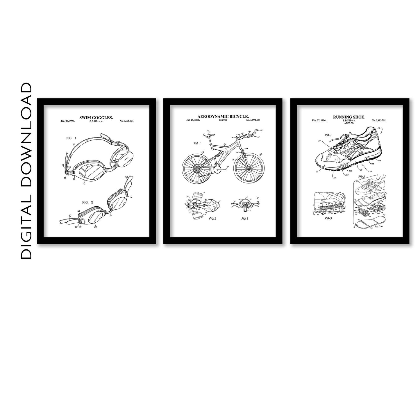 Triathlon Patent Print Wall Art - Set of 3 PRINTABLE DIGITAL DOWNLOAD