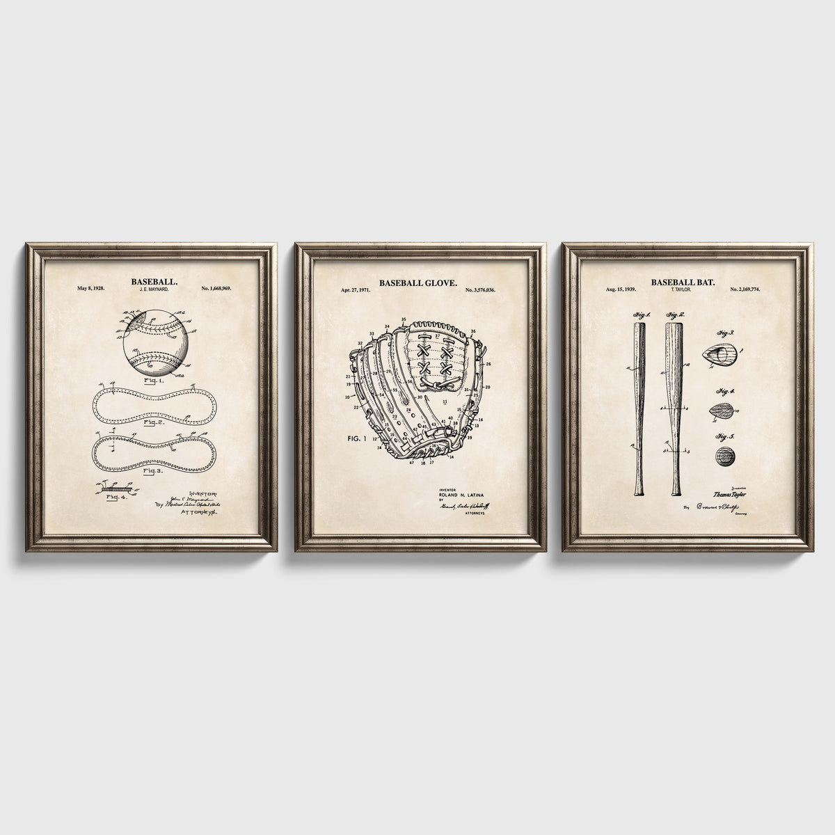 Three-piece baseball wall art set featuring vintage-inspired Baseball, Baseball Glove and Baseball Bat patent prints.