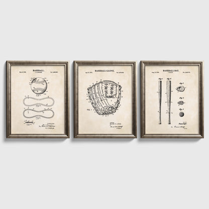 Three-piece baseball wall art set featuring vintage-inspired Baseball, Baseball Glove and Baseball Bat patent prints.