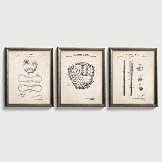 Three-piece baseball wall art set featuring vintage-inspired Baseball, Baseball Glove and Baseball Bat patent prints.