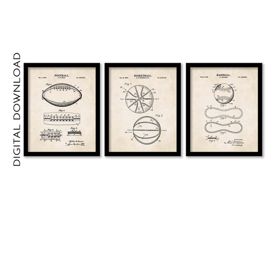 Basketball, Baseball, and Football Patent Prints Wall Art - Set of 3 - PRINTABLE DIGITAL DOWNLOAD