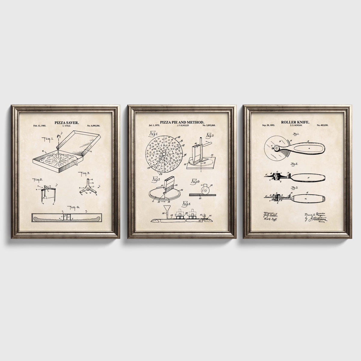 Set of three vintage pizza patent prints featuring a pizza saver, pizza pie preparation method and roller pizza cutter in coordinating frames.