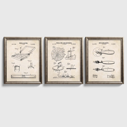 Set of three vintage pizza patent prints featuring a pizza saver, pizza pie preparation method and roller pizza cutter in coordinating frames.