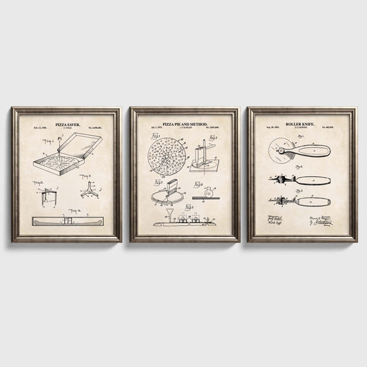 Set of three vintage pizza patent prints featuring a pizza saver, pizza pie preparation method and roller pizza cutter in coordinating frames.