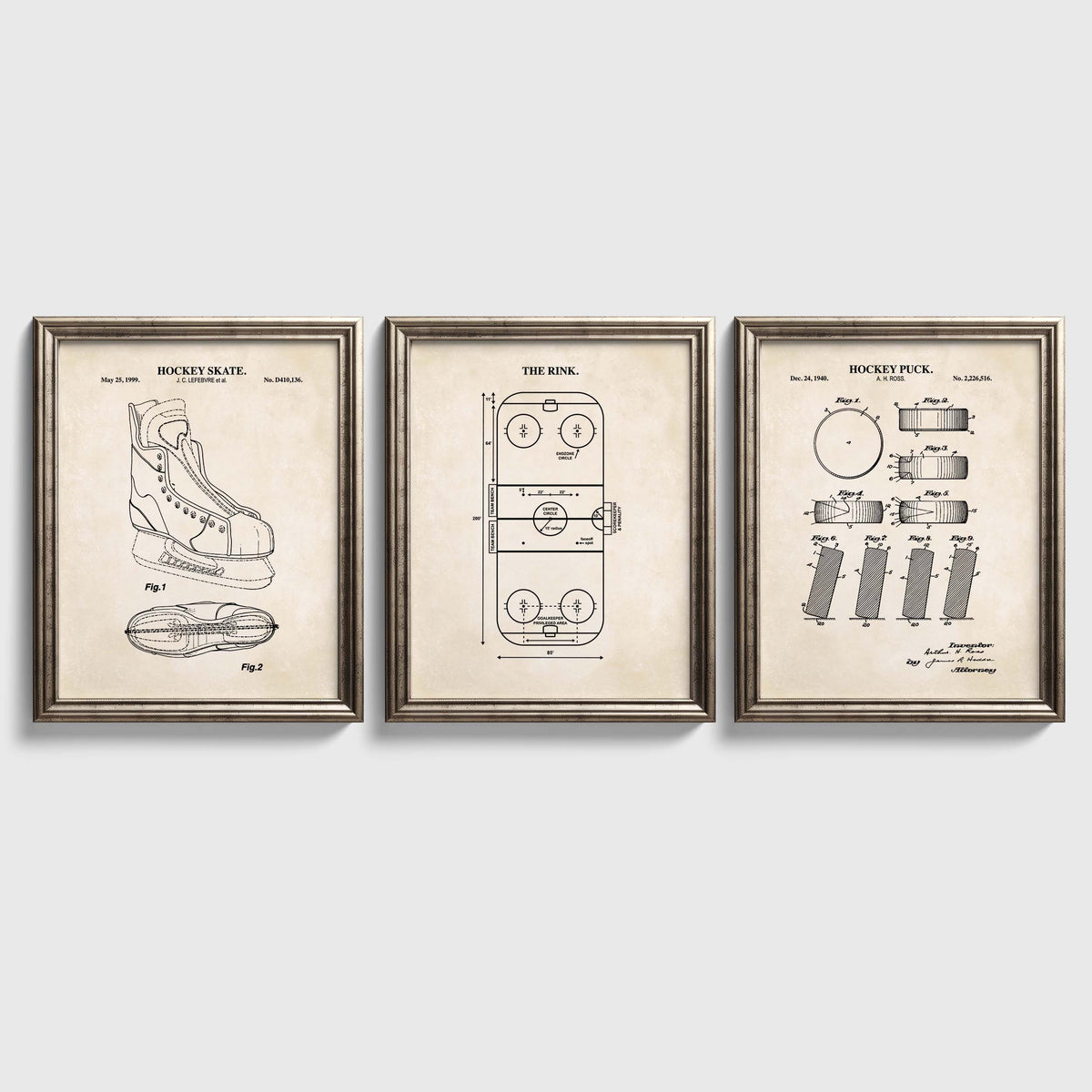 Three hockey wall art prints featuring a skate patent illustration, rink diagram and puck patent illustration on vintage-style backgrounds.
