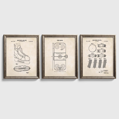 Three hockey wall art prints featuring a skate patent illustration, rink diagram and puck patent illustration on vintage-style backgrounds.