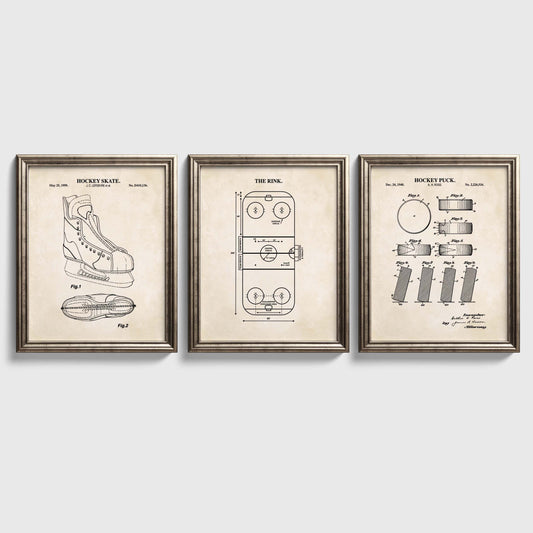 Three hockey wall art prints featuring a skate patent illustration, rink diagram and puck patent illustration on vintage-style backgrounds.