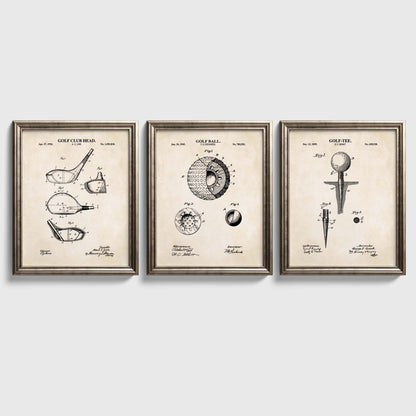 Three framed golf-themed prints on a white background