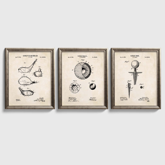 Three framed golf-themed prints on a white background
