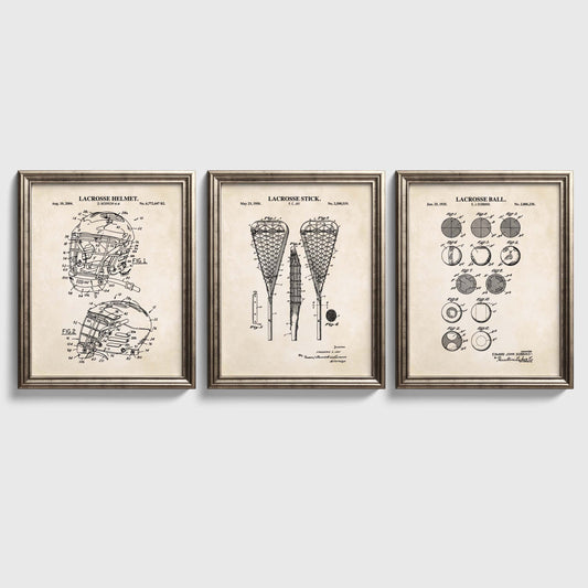 Three framed lacrosse-themed prints on a white wall