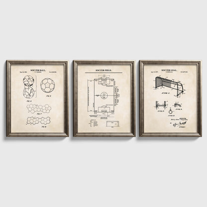 Set of three vintage soccer wall art prints featuring soccer ball and goal patent illustrations with a detailed soccer field diagram.