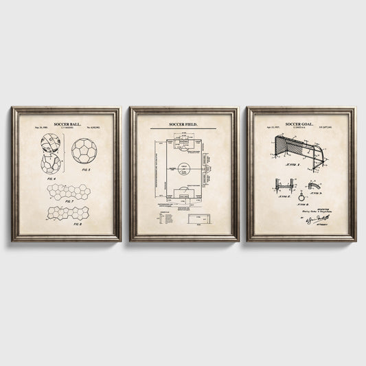 Set of three vintage soccer wall art prints featuring soccer ball and goal patent illustrations with a detailed soccer field diagram.