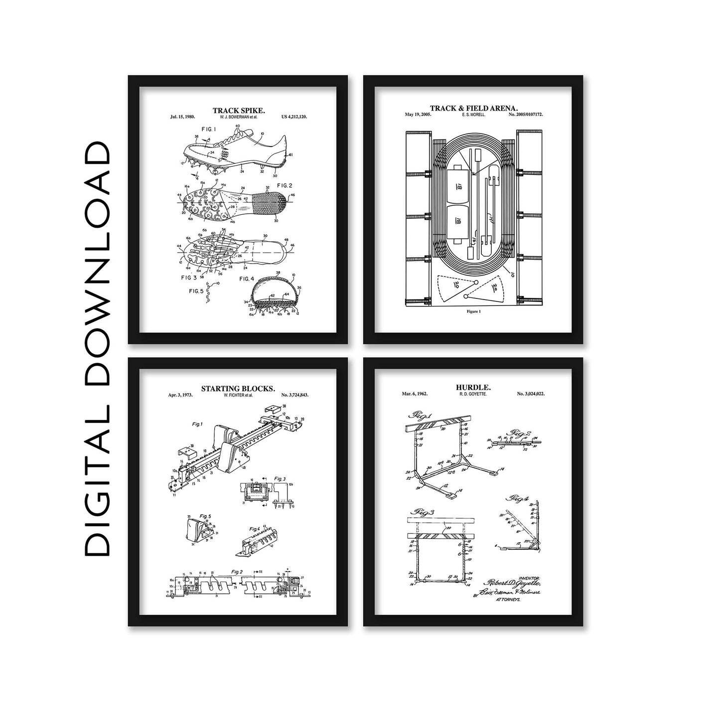 Set of four black and white track and field drawings on a white background with 'Digital Download' text.