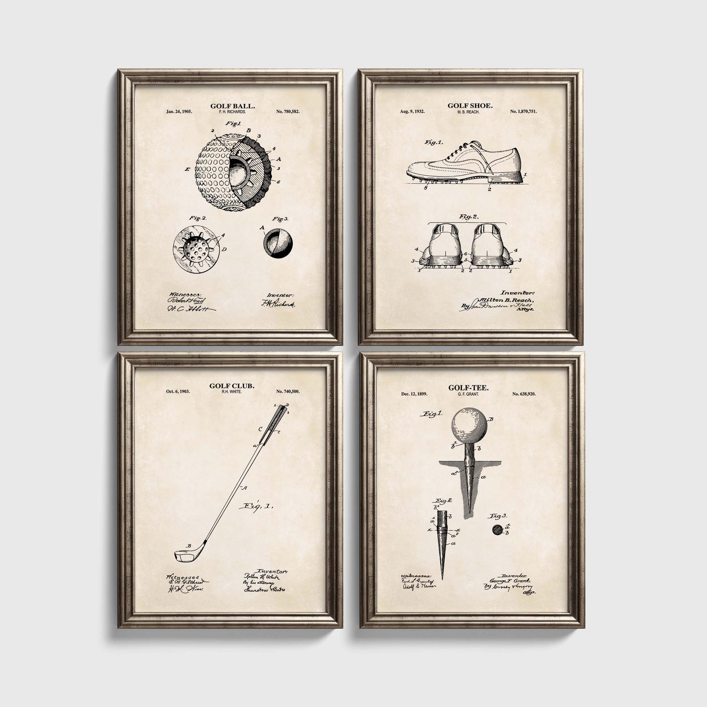 Set of four framed golf-themed patent prints on a white wall.